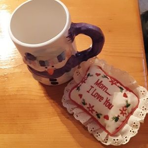 Tiny "mom I love you pillow" and snowman mug